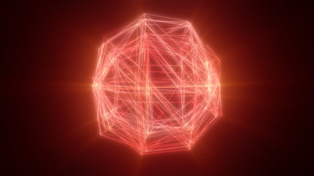 Red 3D wireframe structure of a sphere with glowing neon lines, representing the fusion of art and...