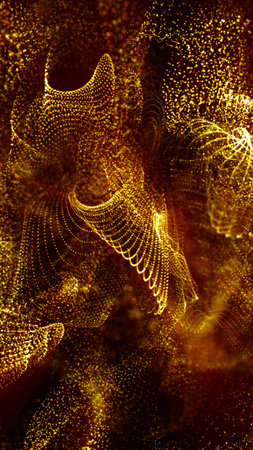 Abstract golden wave of glowing particles forming dynamic patterns on a dark background.の写真素材