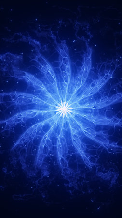 Abstract glowing blue energy flower with radiant light petals, symbolizing cosmic design, balance,...