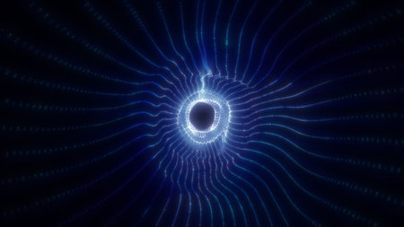 Abstract glowing blue vortex of light forming a circular energy tunnel, isolated on white...