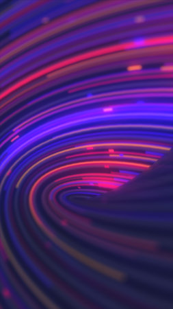 Neon bright swirling light trails in shades of purple and red, forming abstract fluid motion.の写真素材