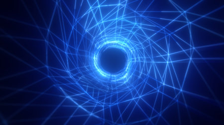 Bright blue abstract tunnel made of intersecting neon lines forming a geometric vortex.