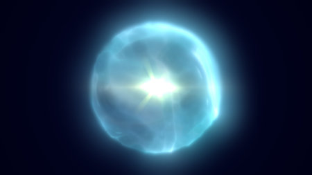 Glowing blue energy sphere radiating light in dark space, symbolizing power, fusion, and cosmic energy.の写真素材