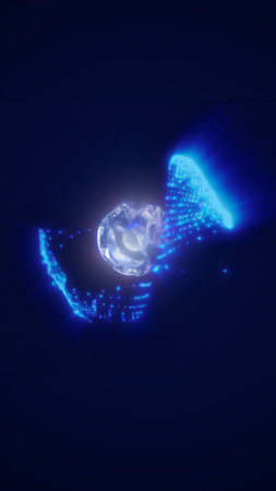 Abstract glowing blue energy sphere with dynamic particle trails, symbolizing futuristic technology,...