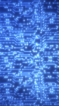 Abstract glowing blue circuit board pattern representing technology, data transfer, and digital...