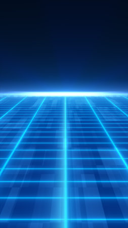Futuristic glowing blue grid floor extending into dark space horizon.の写真素材