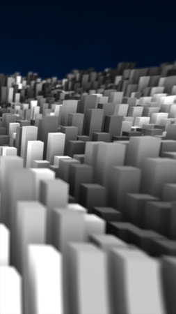 Abstract 3D monochrome cityscape made of geometric blocks forming a futuristic terrain.