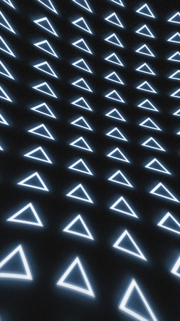 Abstract background with glowing blue triangles arranged in a seamless futuristic grid pattern on a dark surface.の写真素材