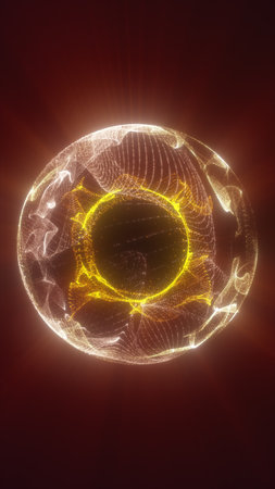 Glowing abstract golden energy sphere formed of luminous particles and waves on a dark red background.の写真素材