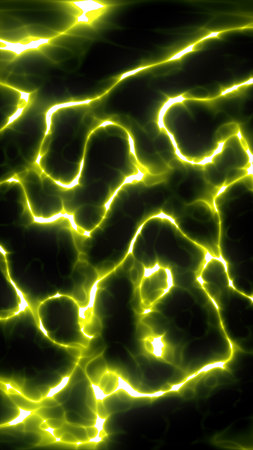bstract glowing yellow electric lines forming a fluid energy pattern with a bright neon glow.の写真素材