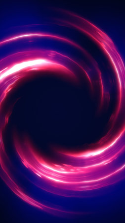 Bright swirling vortex of pink and purple neon lights forming a circular tunnel effect.