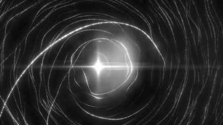 Black and white glowing vortex tunnel with luminous abstract energy lines.の写真素材