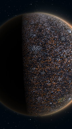 Abstract cosmic scene showing a textured orange-brown planet against a dark starry background.
