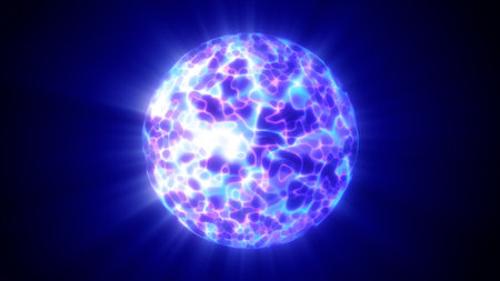 Luminous blue-purple plasma sphere with radiant electric patterns glowing in outer space.の写真素材