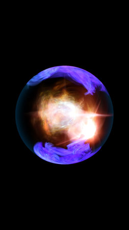 Abstract glowing energy sphere with bright core and swirling purple-blue plasma flames on black...