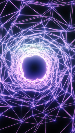 A glowing purple network of interconnected lines and particles forming a tunnel, with a bright...