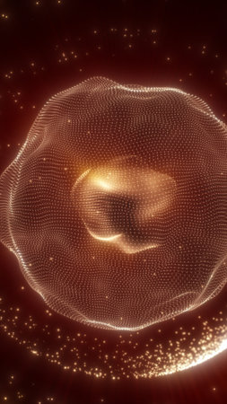 Golden glowing abstract sphere made of particles forming dynamic wave-like mesh.