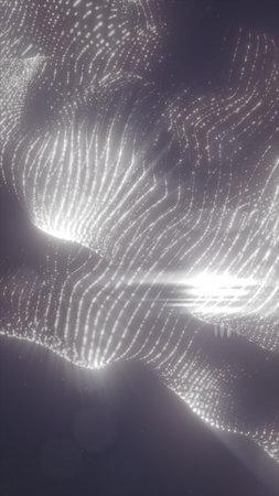 Abstract silver waves of glowing dots forming smooth fluid motion on a dark futuristic background.