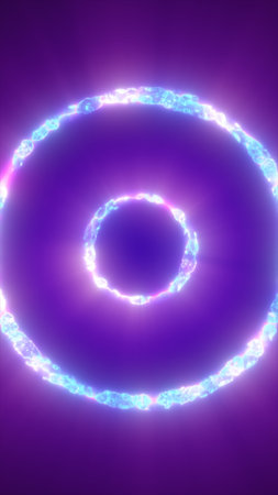 Two glowing concentric purple and blue energy rings emitting light and representing futuristic...