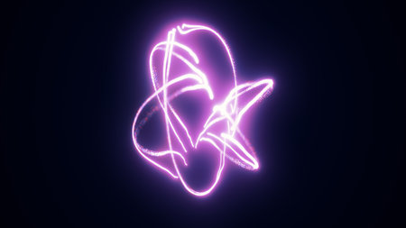 Abstract pink luminous trails forming energetic twisting shapes on a dark glowing background.の写真素材