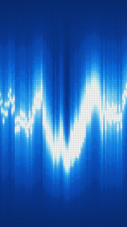 Abstract digital visualization of glowing blue soundwave bars on a pixelated background.の写真素材