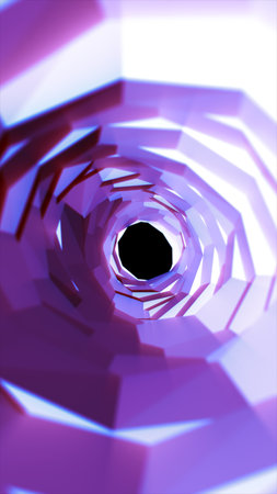 Abstract geometric tunnel of purple and white glowing polygons converging into a dark center.の写真素材