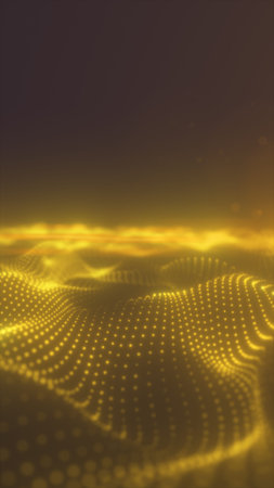 Abstract glowing golden dots forming flowing digital waves on dark background.の写真素材