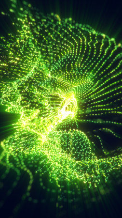 Bright green particles forming dynamic energy waves in a glowing digital abstract motion.の写真素材