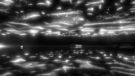 Futuristic monochrome surface made of glowing particles creating abstract flowing light waves.
