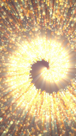 Abstract glowing spiral of golden light particles radiating outward with vibrant energy.の写真素材