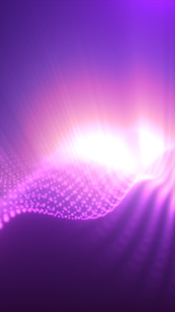 Glowing purple and pink light waves with radiant energy beams creating a futuristic digital background.の写真素材