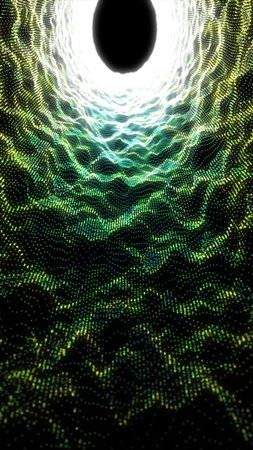 Abstract glowing green vortex with flowing dotted wave patterns forming a luminous tunnel.