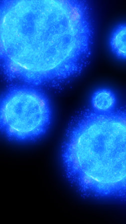 Glowing blue energy spheres radiating light in a cosmic abstract background.