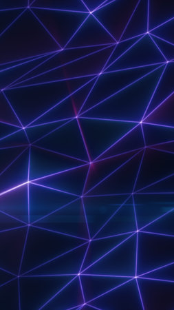 Abstract futuristic polygonal grid of glowing blue and purple lines, representing digital...