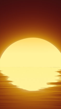 Minimal glowing golden sunset with a soft reflection over a calm horizon.の写真素材