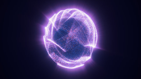 Radiant violet light sphere made of luminous lines and points forming ethereal flowing shapes.の写真素材