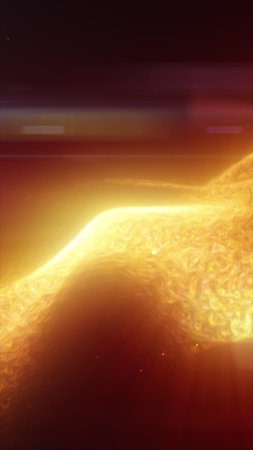 Glowing golden abstract waves of energy flowing horizontally with bright radiant light on dark...