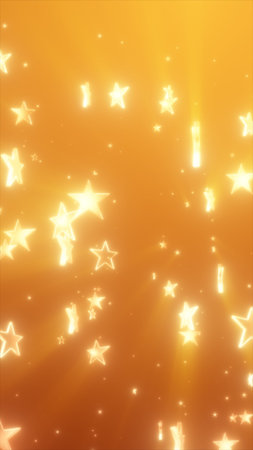 Glowing golden stars falling gently across a radiant orange background with festive light effects.