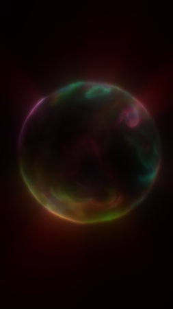 Abstract dark sphere surrounded by colorful glowing mist, symbolizing mystery and cosmic energy.の写真素材