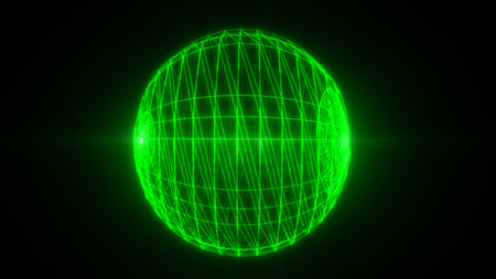 A glowing 3D grid sphere with intersecting neon green lines, representing advanced technology and...