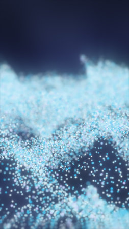 Flowing cloud-like composition of glowing blue and white particles floating in dark space with soft depth.の写真素材