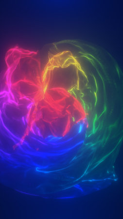 Vibrant multicolored light wave forming an abstract rainbow vortex.の写真素材