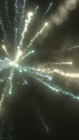 Radiant golden and blue light trails expanding in darkness, resembling cosmic energy streams.