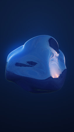 Glossy blue organic 3D shape floating in dark space, resembling a liquid metal form.の写真素材