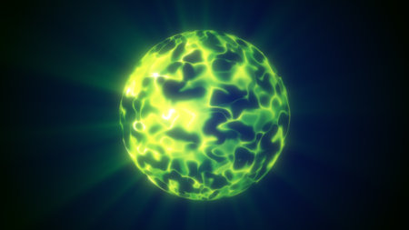 Green glowing plasma sphere with bright neon energy waves and radiating light in dark background.の写真素材