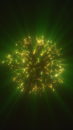 Glowing green and yellow energy burst with radial light rays, symbolizing power, explosion, and...