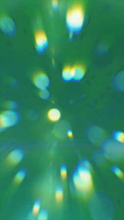 Abstract green glowing light rays and bokeh shapes creating dynamic energy burst background.