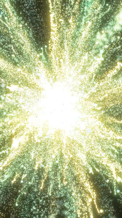 Radiant burst of golden light particles exploding in a luminous display of cosmic energy.
