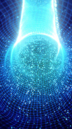 Abstract glowing blue grid structure forming a tunnel of light particles in a digital space.