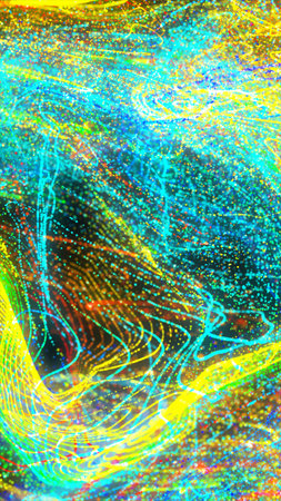 Vibrant abstract background with glowing rainbow waves and flowing neon lines on dark backdrop.